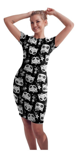 Vestido Corto Sublimado Gatos Calaveras Día De Muertos Gris