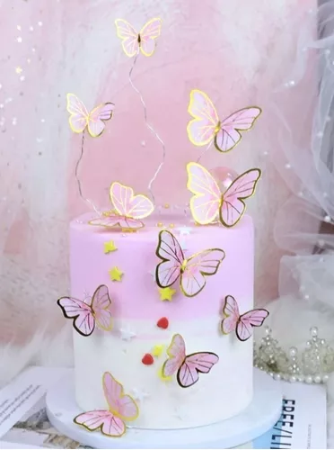 Topos de bolo de borboleta rosa, 11 peças de topos de cupcake de borboleta,  metal de feliz aniversário, topos de bolo de feliz aniversário para meninas  e mulheres, decorações de festa de