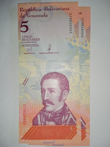 2 Billetes De 5 Bolívares Del 2018 Consecutivo Con Letra D 