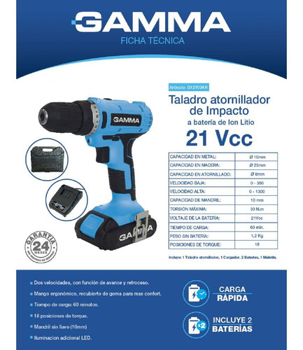 Imagen 3 de 6 de Taladro Atornillador Inalambrico Gamma 21v 1300rpm G12103