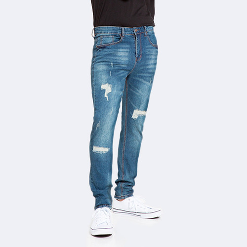 Jeans Hombre Skinny Azul Focalizado Con Destroyer