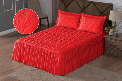 Kit Colcha Cobre Leito Requinte Casal Cama Box Rapido Cor Vermelho