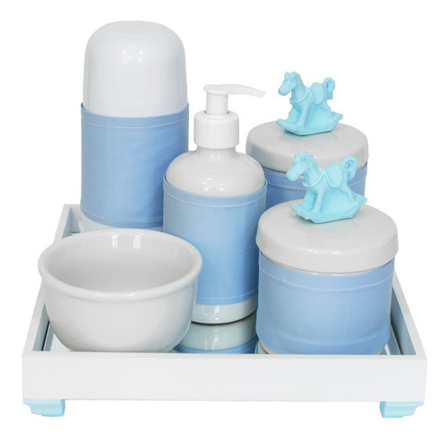 Kit Higiene Bebê Pote Porcelana Bandeja Espelho Ursinho Azul Cor Cavalinho