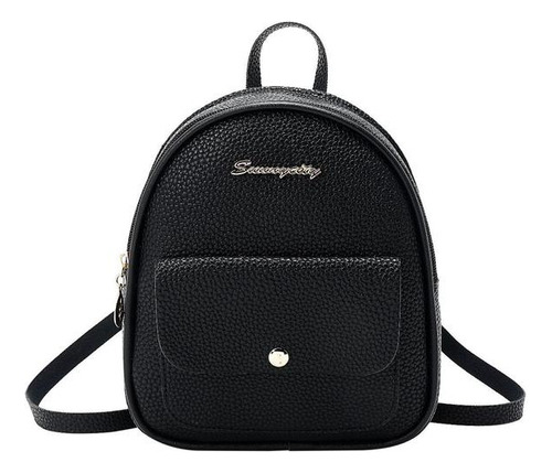 Mini Mochila De Couro Sintético Feminina Bolsa De Ombro Cor Preto