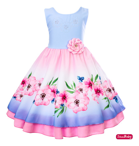 Vestido Infantil Floral Azul Rosa Jardim Encantado Princesa