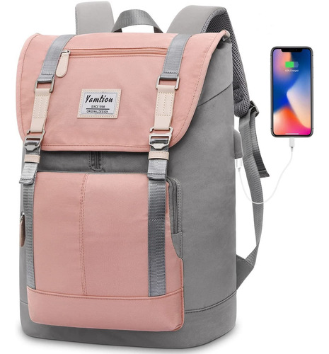 Mochila Rosa Gris Impermeable Para Laptop 17 Pulgadas