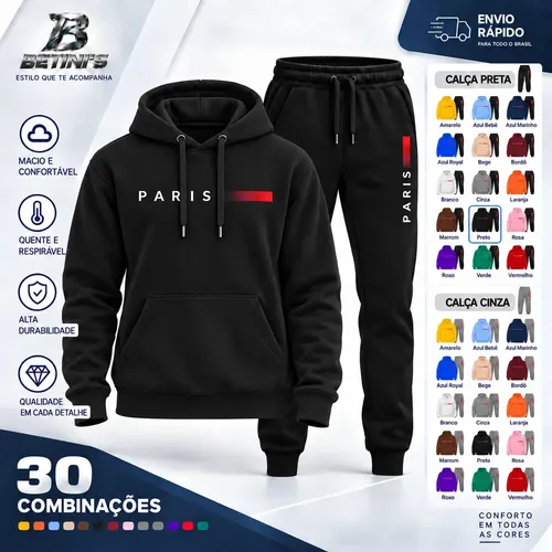 Conjunto Moletom Calça Unissex Paris Canguru Casaco Frio M Preto