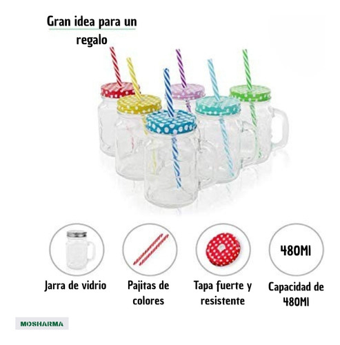 Frasco Jarro Vaso Vidrio 480ml Mosharma Con Tapa Y Sorbete Colores Manija Souvenir