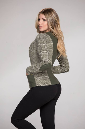 Chaqueta Para Dama En Paño Escocés Y Cuero
