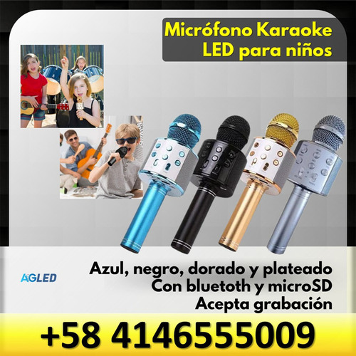 Microfono Karaoke Led Para Niños Negro Bluetooh Microsd Usb