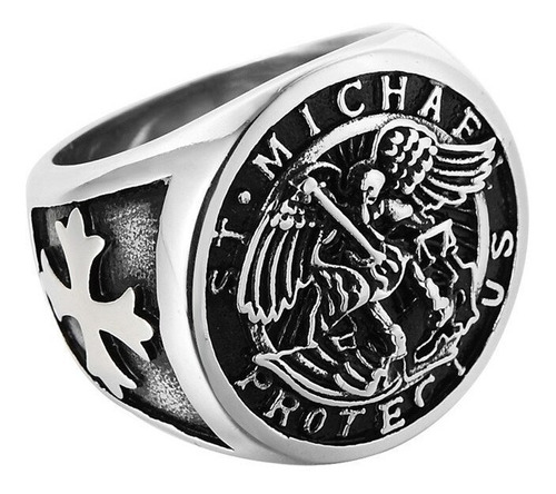 Anillo Acero Inoxidable Color Plata St Michael Angel Hombre