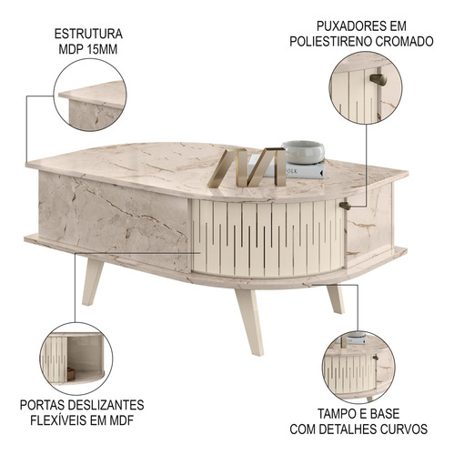 Mesa De Centro Moderna Para Sala 90cm Indy Z10 Calacata/off