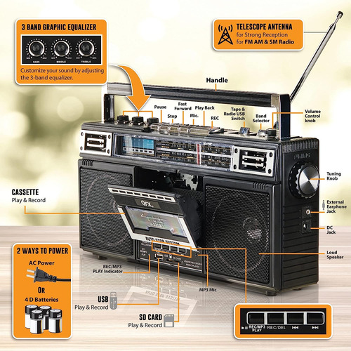 Reproductor/grabador De Casetes Qfx J-220bt Rerun X Boombox