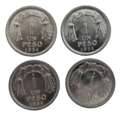 4 Monedas Chile 1 Peso 1954 Unc Aluminio