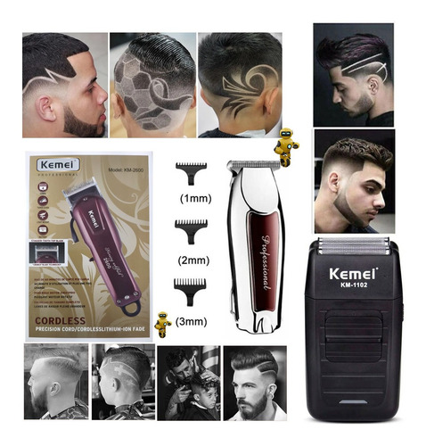 Imagem 2 de 6 de Kit 3 Maquinas Profissional Kemei Cortar Cabelo Acabamento
