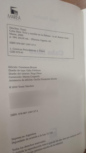 Libro Cuba Libre Yoani Sánchez Marea 2009 (Usado)