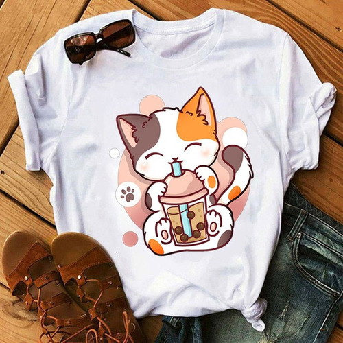 Camiseta Blanca Dama Bebidas, Mascotas, Pets, Gato, Oso, A1b