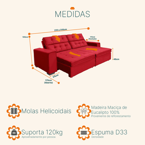 Sofá Retrátil e Reclinável 2,30m 4 Lugares Suede Vancouver Vermelho Sofá Casa