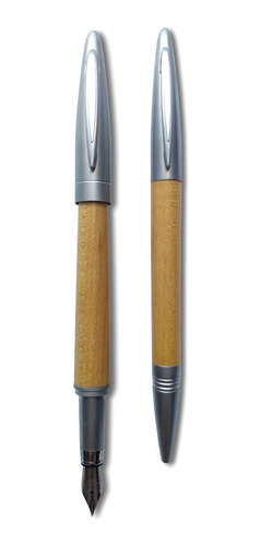 Imagen 1 de 2 de Set Lapicera Fuente + Bolígrafo Enter Simil Madera-plateado
