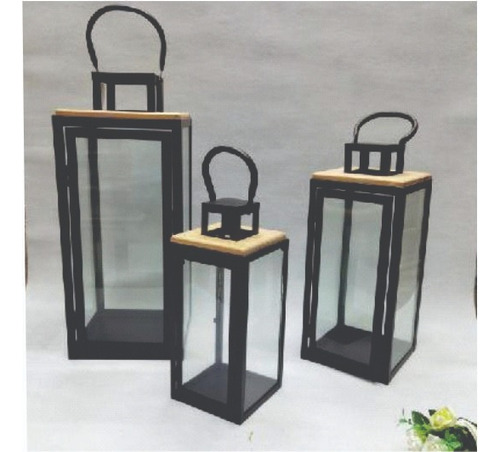 Set De 3 Faroles Porta Vela Vidrio Metal Y Madera 