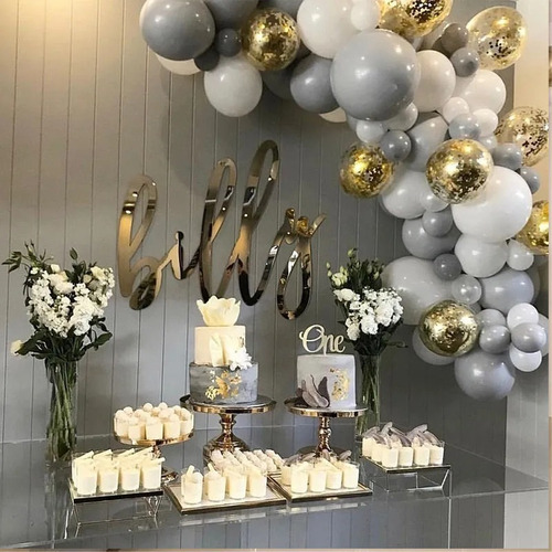 Arco Globos Gris Blanco Confetti Dorado Pastel Decoracion