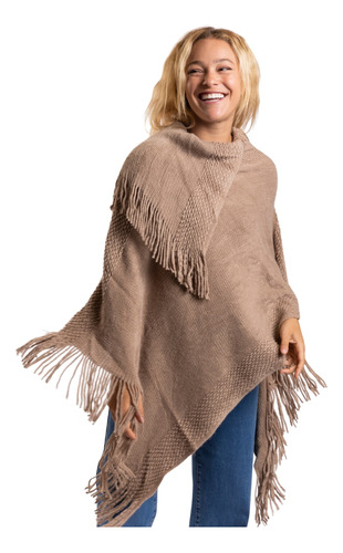 Poncho Para Dama Con Flecos Cherry Color Marrón Y Rojo