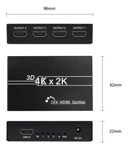 Multiplicador Hdmi Splitter 1 Entrada 4 Salidas 4k 1080p 3d