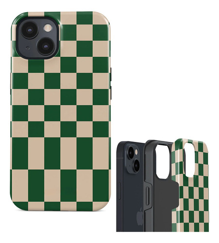 Carcasa Cuadros Verde Y Crema Funda Doble Capa Para iPhone