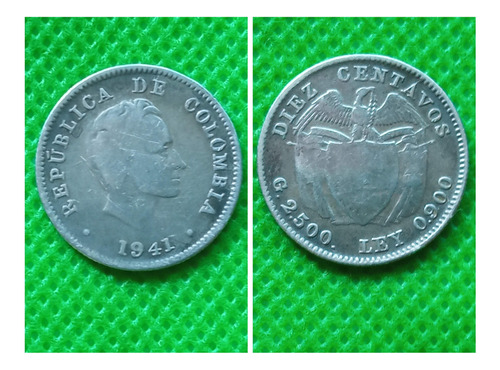 Moneda 10 Centavos Colombia 1941 Plata 0.900