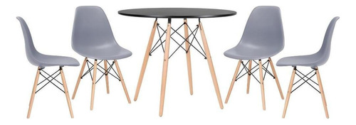 Kit  Mesa Eames 90 Cm Preto  4 Cadeiras Eames Wood Cor Da Tampa Mesa Preto Com Cadeiras Cinza Escuro