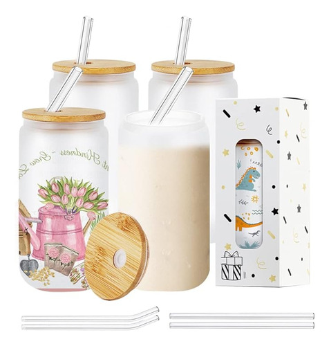 Paquete 4 Piezas Vidrio Sublimacion Con Tapa Bambu Vasos Vid