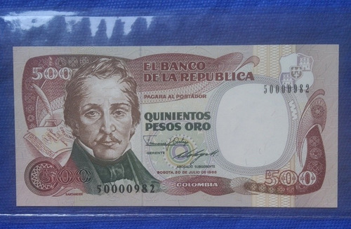 Billete De 500 Pesos Tres Digitos Año 1986, Imprenta Bogota 