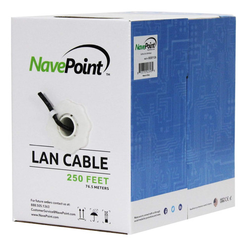 Navepoint Cat5e (cca), 250 Pies, Negro, Cable Ethernet Sólid