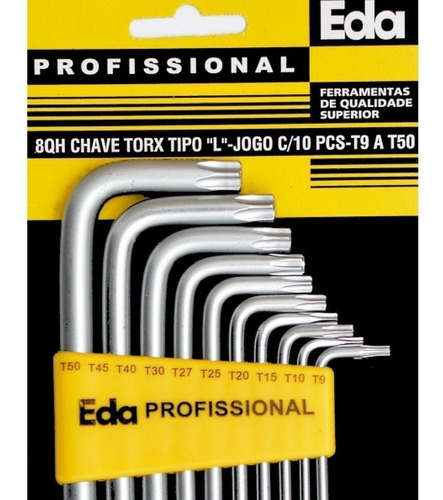 Kit Jogo Chave Torx Aço Tipo L Com 10 Peças T9 A T50 Eda 8qh