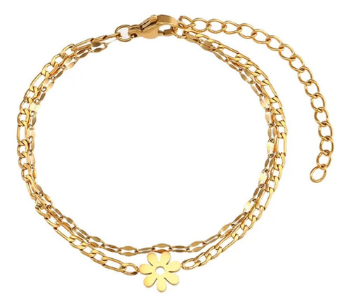 Pulsera De Mujer Doble Acero Quirúrgico Flor Baño Oro 18k 