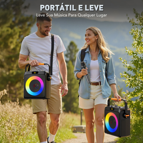 Caixa Som Portátil Bluetooth Con Microfone Amplificada, TWS para Som Estéreo Hi-Fi Luzes RGB para Casa, Festa e Uso Externo