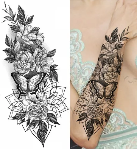 Tatuagem falsa temporária com flor de borboleta, tatuagem flash