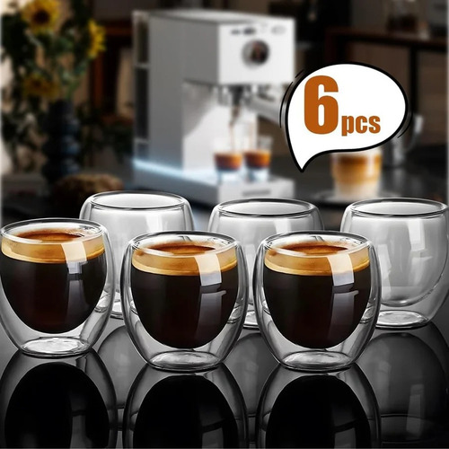 Set 6 Tazas Espresso Doble Pared 80ml Frio Caliente Sin Asa Blanco