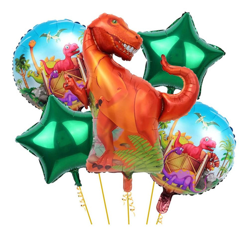 Set De 5 Globos Metalizados De Dinosaurios Para Arreglo 