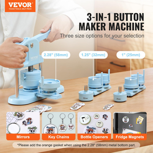 Button Maker Vevor 3 Em 1 Pin Maker 25/32/58 Mm Com 300 Unid