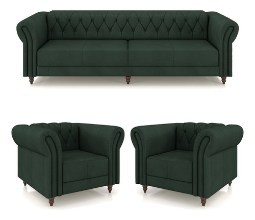Conjunto Sofá 240cm E 2 Poltronas Chesterfield Couro Verde