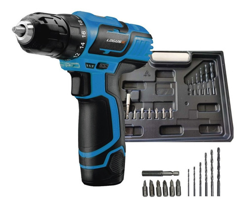 Imagen 1 de 2 de Taladro atornillador inalámbrico de 10mm Logus TIL-12V-BOX 12V + accesorios con maletín de transporte 220V