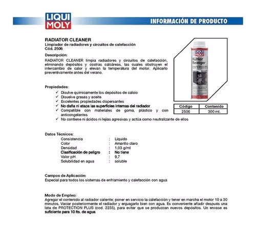 Liqui Moly Argentina - Radiator Cleaner es un producto biodegradable ideal  para limpiar eficientemente radiadores y circuitos de calefacción. ✓ 📍  Modo de uso: Agregar contenido al radiador caliente; poner en servicio