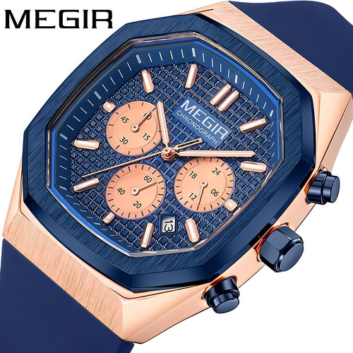 Reloj Cronógrafo Con Calendario Cuadrado Megir Color De La Correa Azul