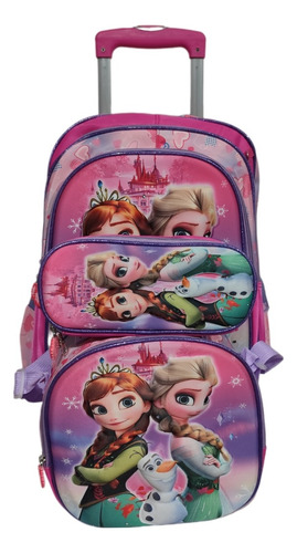 Mochila, Lonchera Y Lapicera Frozen Primaria Con Llantas, Ruedas O Carrito Rosa