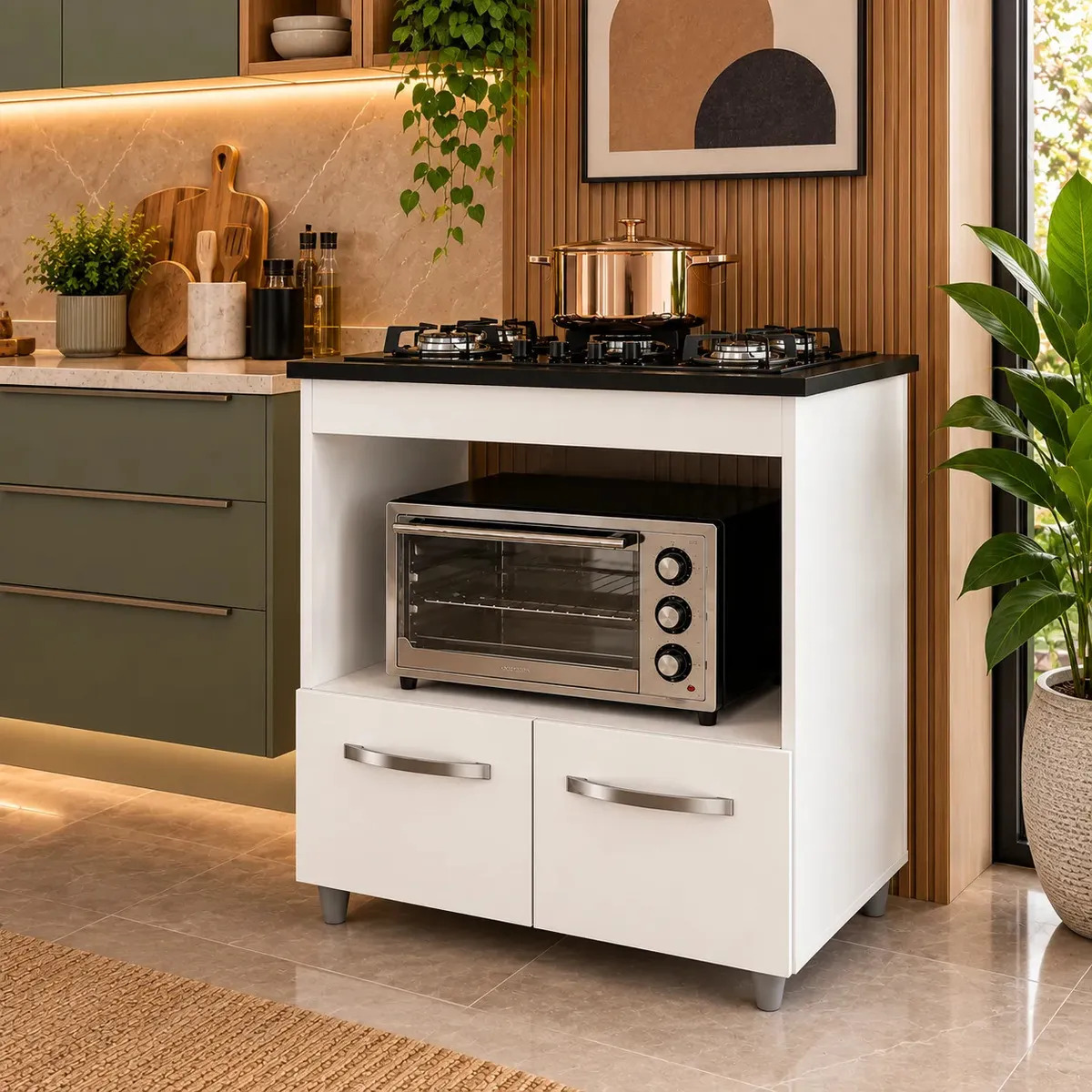 Balcão Para Fogão Cooktop Bella 4 Bocas Mdp 2 Portas 75cm Forno Microondas Compacto Branco