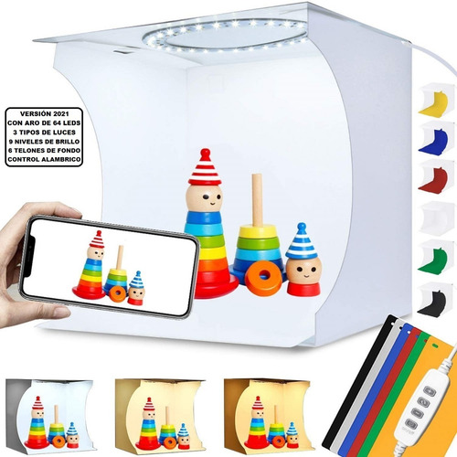 Imagen 1 de 10 de Mini Estudio Fotografico Caja De Luz 64 Led Con 6 Fondos