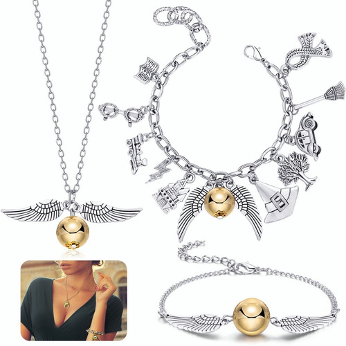 Juego De 3pzs De Joyas De Harry Potter Collar+pulsera Snitch