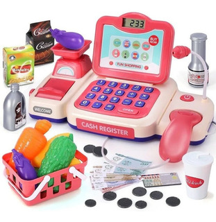 calculadora electrónica Tarjeta de crédito y un cajón con Cerradura con el Dinero MAJOZ Caja registradora de Juguete para niños incluida la Cesta de la Compra con Accesorios 