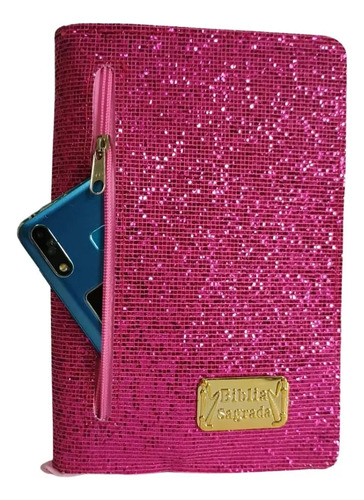 Capa Para Bíblia N° 11 Zíper Pink Glitter Tela Bolso Externo